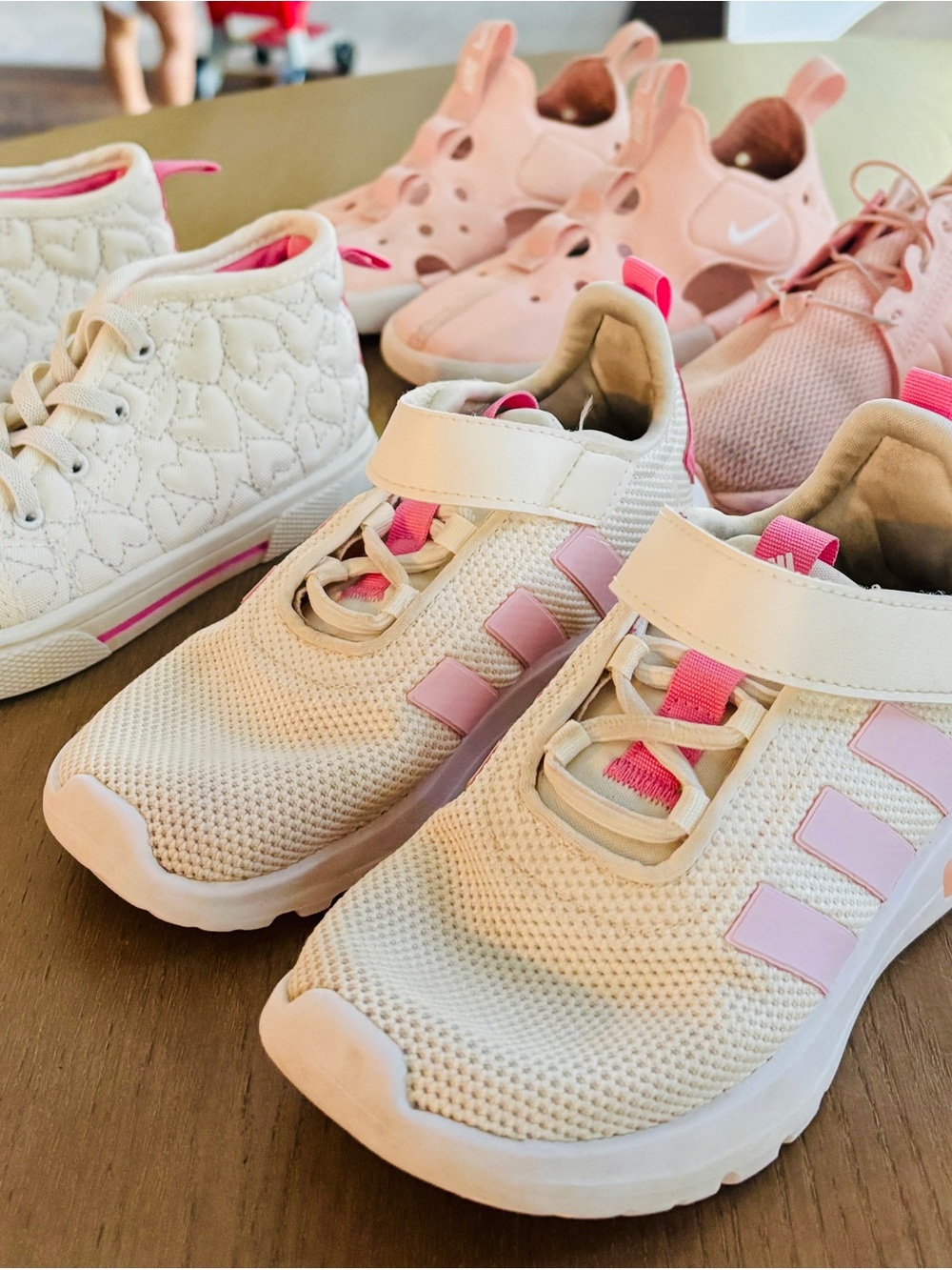 Kids Athletic Sneakers in Cream & Pink - Lightweight Hook-and-Loop Closure